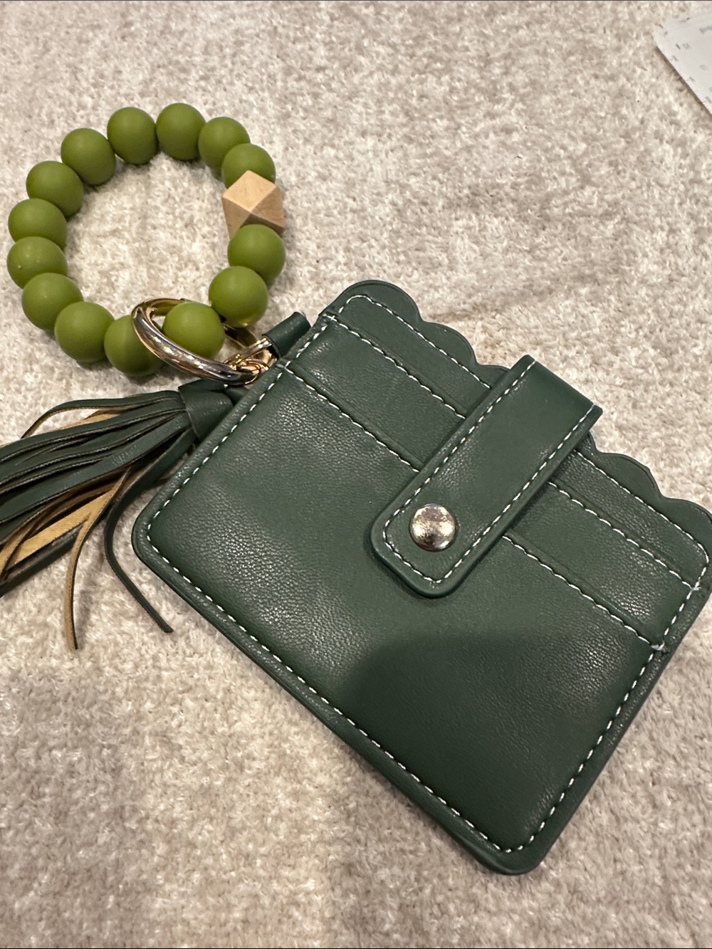 Dark Green Leather Card Holder with Beaded Keyring and Tassel